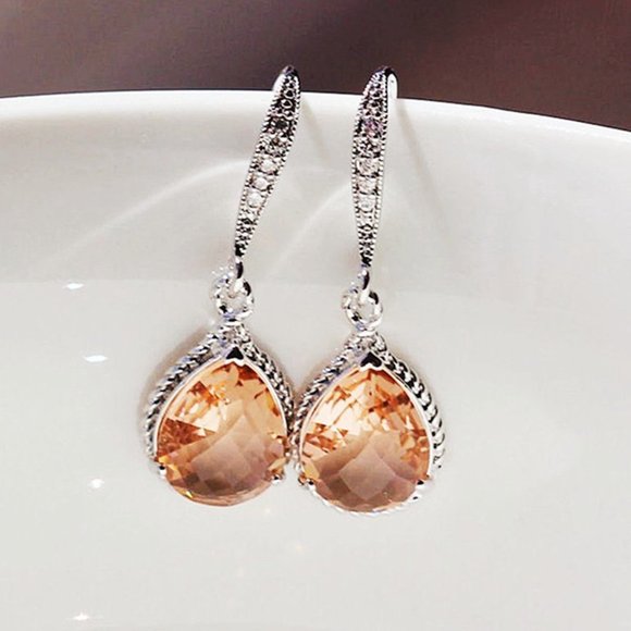 "Classic Crystal Champagne Water Drop CZ Silver Earring for Women, HA4523 - Picture 1 of 4